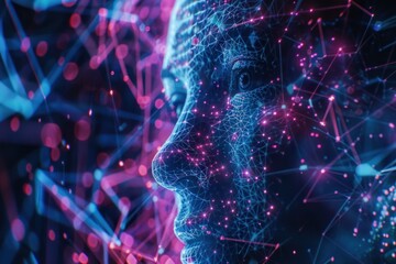 AI Futuristic Digital Human Face in Abstract Data with neural network connections 5g technologist