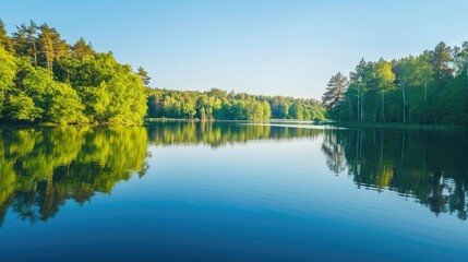 Fototapeta premium A serene lake reflecting a forested shoreline under a clear sky, perfect for a nature background.