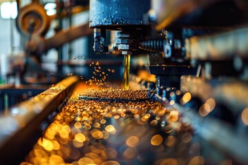 Detailed view of an oil press in action, extracting oil from seeds or nuts, highlighting the machinery involved.