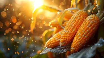 Agricultural landscape with mature corn cobs on fertile ground against a magnificent sunset over a vast cornfield.