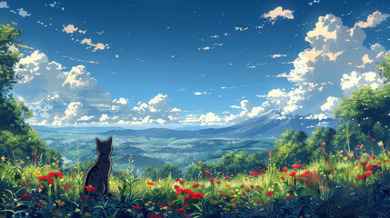 Beautiful Black Cat In Anime Style Enjoying Lofi Life, Impressive Landscape Wallpaper