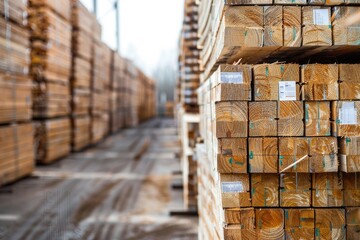Stacks of processed lumber arranged in orderly rows, showcasing the volume and organization of the production facility
