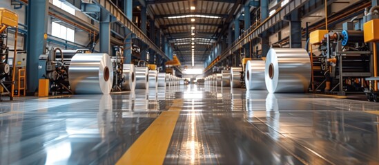 Industrial Factory Floor with Rolls of Metal