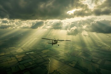 Naklejka premium a small private propeller airplane flying in the clouds, backlit with sunbeams in the background
