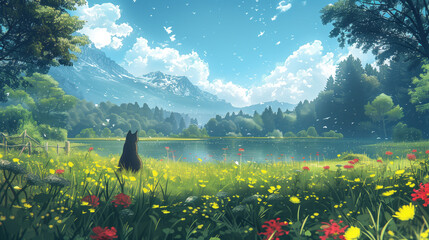 Cute Black Anime Cat Enjoying Peaceful Scenery, Manga Design