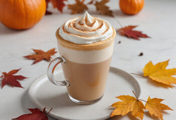  Close-up shot of a pumpkin spice latte with fall foliage in the background. 