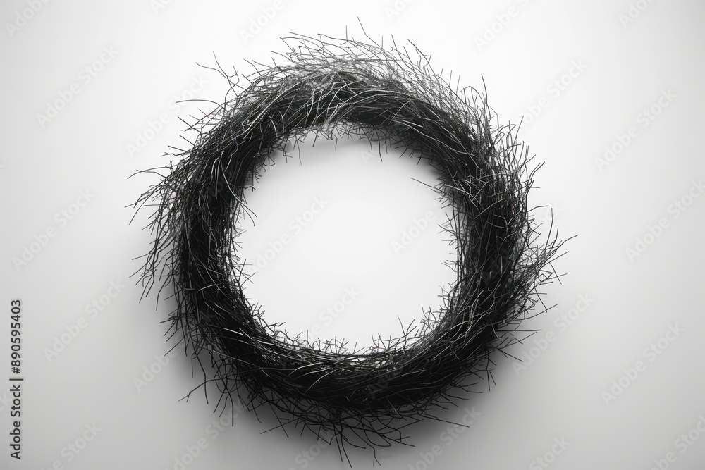 Poster a minimalist surreal depiction of a vicious circle with intertwining black lines forming a complex l