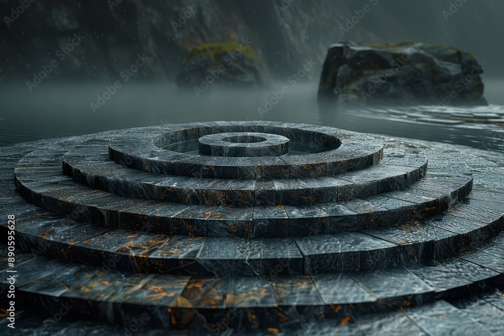Poster minimalist design of a circular path with twisted, surreal details, representing a vicious circle, o