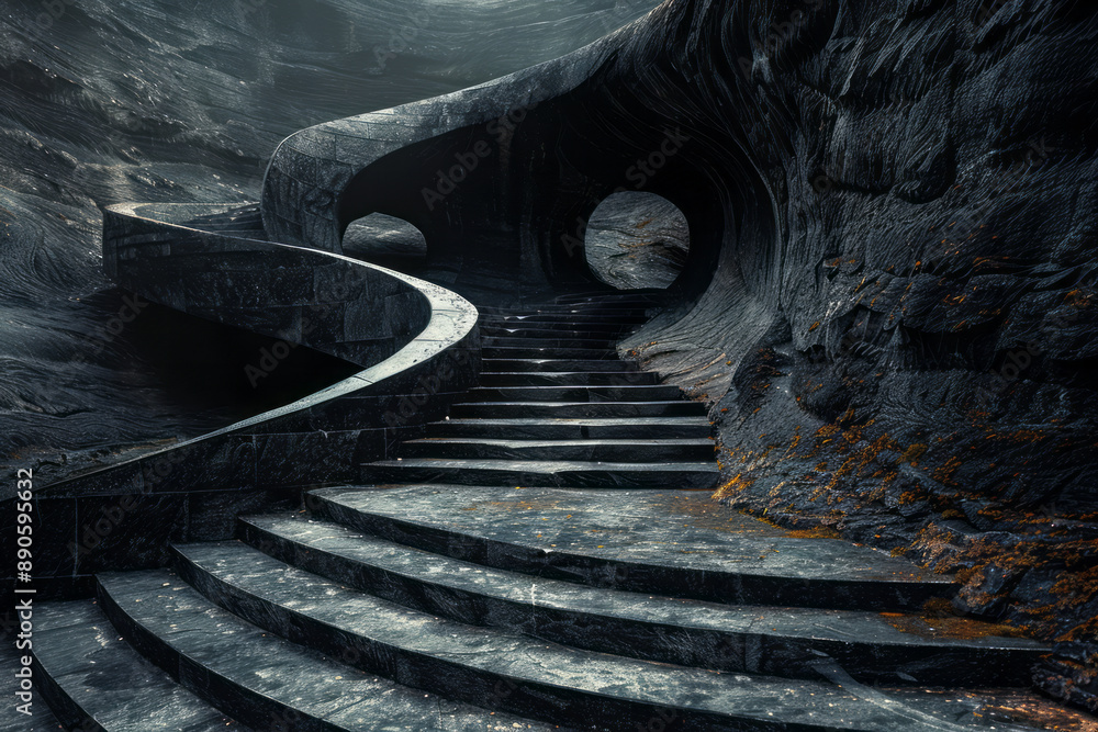 Poster minimalist design of a circular path with twisted, surreal details, representing a vicious circle, o