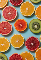  Close-up shot of colorful fruit slices for a summer cocktail. 