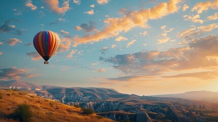 Obraz premium Colorful hot air balloon flying over mountain valley at sunset
