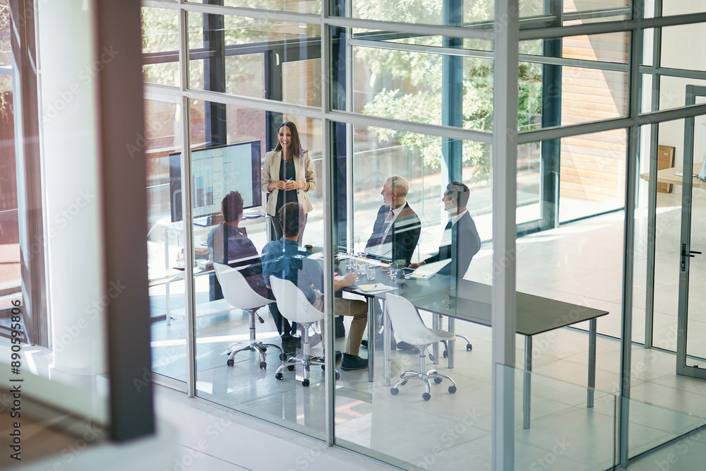 Poster business woman, presentation and conference room window with collaboration and digital chart. speake
