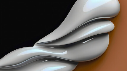 Abstract illustration, 3d render of white and silver shapes on black brown orange background