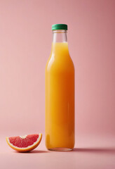  Bottle of brightly colored juice with a fruit slice on the rim. 