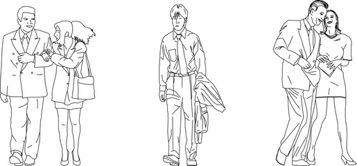 Vector silhouette illustration sketch, detailed design drawing of simple casual people carrying out work activities in formal clothes