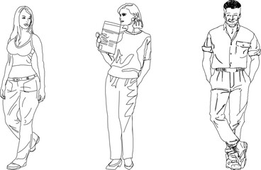 Vector silhouette illustration sketch, detailed design drawing of simple casual people carrying out work activities in formal clothes