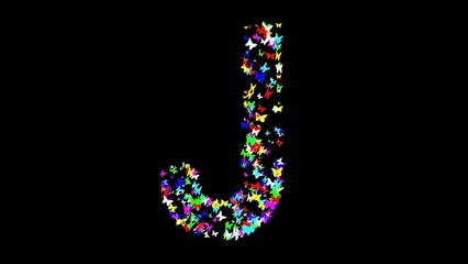 Beautiful illustration of English alphabet J with colorful butterflies on plain black background