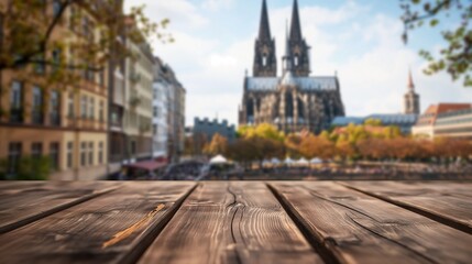 close up of rustic empty wooden table with blurred Cologne gothic cathedral church background