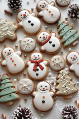 Fototapeta premium variety of christmas snowmen tree and snowflake sugar cookies