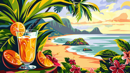 Orange Juice Glass at a Tropical Beach Scene, Modern Cartoon Artwork