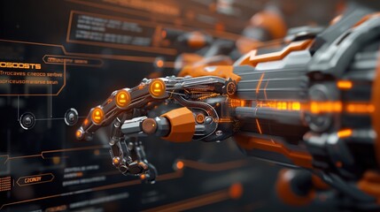 Fototapeta premium Close-up of a robotic arm with intricate mechanical details and glowing orange accents, against a background of futuristic UI elements and digital interfaces.