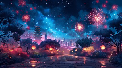 Lively graduation party invitation showcasing an open area amusement park with fireworks with a writing space on the left side for congratulatory wishes and party details