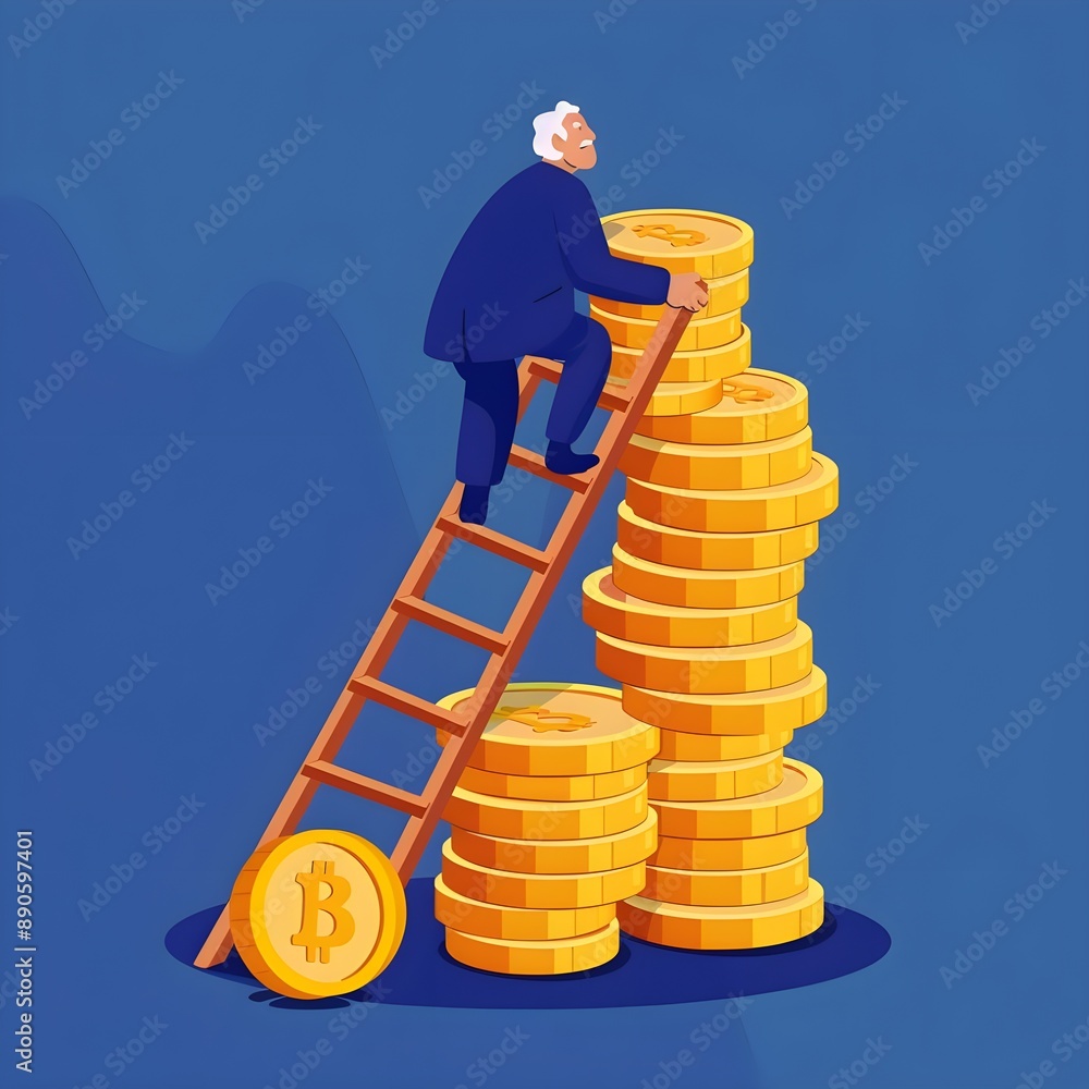 Poster flat illustration of an old man climbing the ladder to reach coins, with a simple minimalistic style