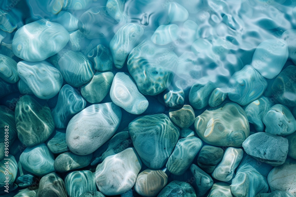 Poster sunlight reflecting on a bed of smooth rocks under a surface of crystal clear water creating a relax