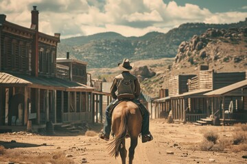 Naklejka premium Back view of cowboy riding on a horse, western movie scene in wild west town