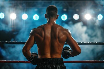 Back view winner professional boxer fight in ring match with spot lighting