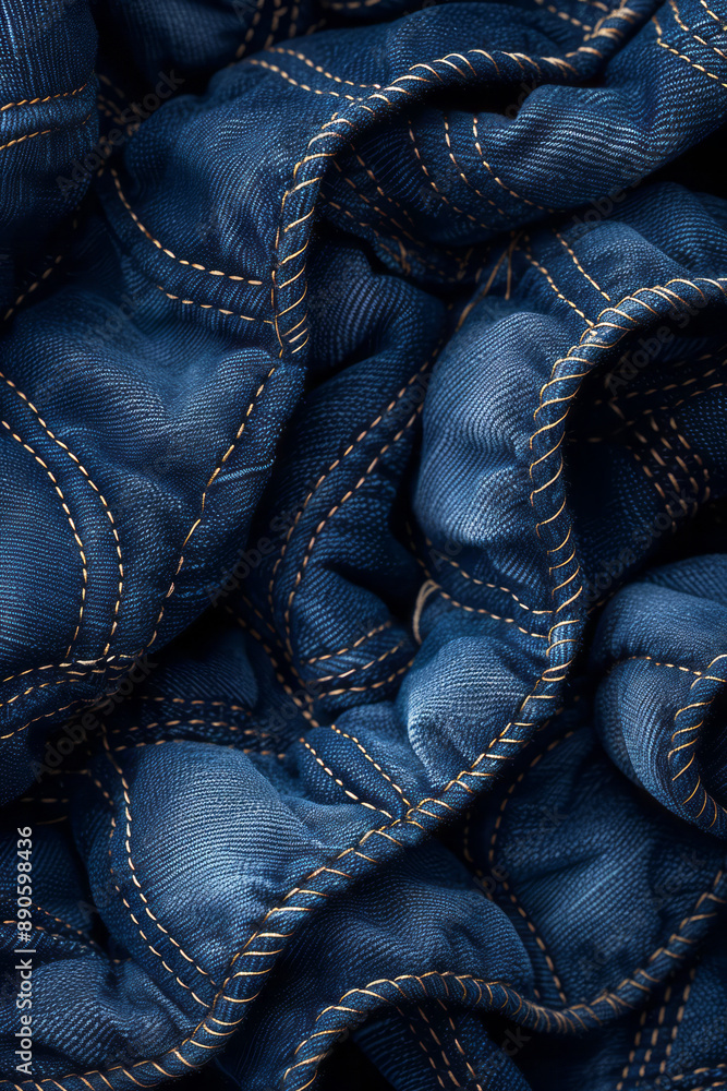 Poster abstract denim pattern with surreal stitching details, creating an intricate design on a dark backgr