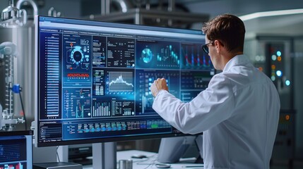 Mechanical engineer analyzing data on a large monitor. The engineer is focused on interpreting the results of a test or simulation, with graphs and charts displayed on the screen. The workspace is