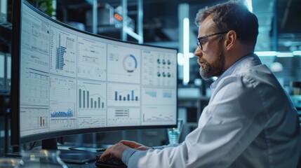 Mechanical engineer analyzing data on a large monitor. The engineer is focused on interpreting the results of a test or simulation, with graphs and charts displayed on the screen. The workspace is