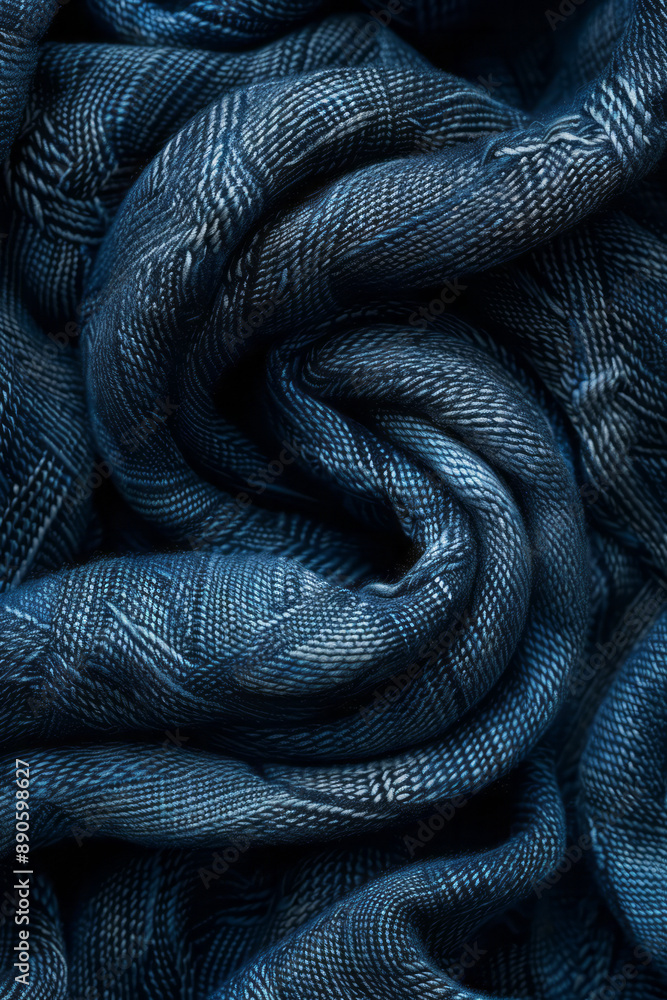 Poster minimalist depiction of complex denim lines with highlighted seams intertwining, representing unity 