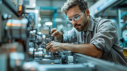 Mechanical engineer adjusting a machine in a high-tech workshop. The engineer is using precision tools to fine-tune the machine's settings. The workshop is well-organized and equipped with various