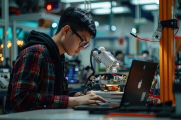 Mechanical engineer programming a robotic system. The engineer is using a laptop to write and test code that controls the robot's movements. The lab environment features various robotic devices and