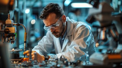 Mechanical engineer conducting a failure analysis on a broken component. The engineer is using microscopes and other analytical tools to determine the cause of the failure. The lab setting is