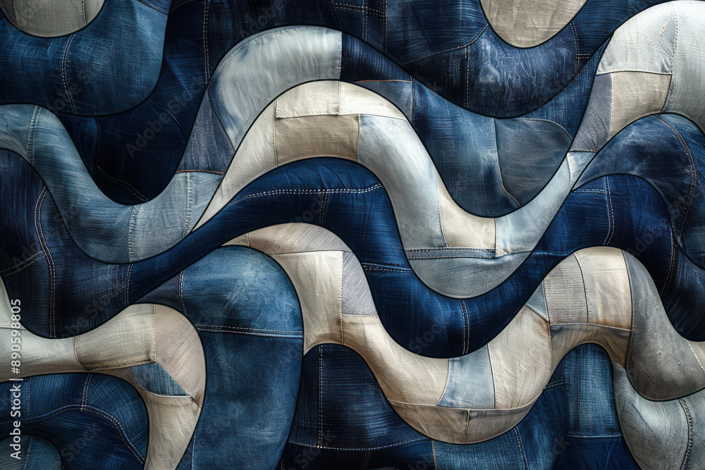 Poster simple yet intricate depiction of overlapping denim shapes with bold stitching, forming a unique aes