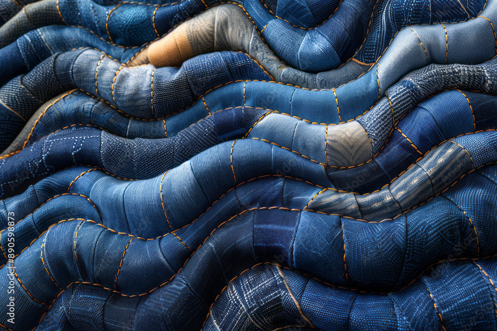 Poster simple yet intricate depiction of overlapping denim shapes with bold stitching, forming a unique aes