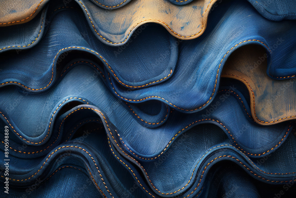 Poster simple yet intricate depiction of overlapping denim shapes with bold stitching, forming a unique aes