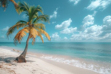 Obraz premium Beautiful palm tree on tropical island beach on background blue sky with white clouds and turquoise ocean