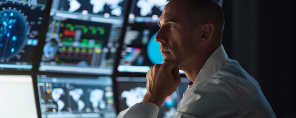 A skilled cybersecurity analyst, an American male, specialized in advanced threat detection and robust security protocols, working intently at a computer with multiple screens displaying complex data.