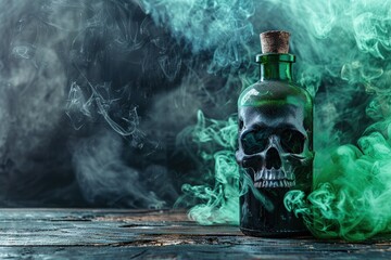 Bottle of poison with skull, green smoke on background