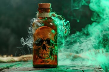 Bottle of poison with skull, green smoke on background