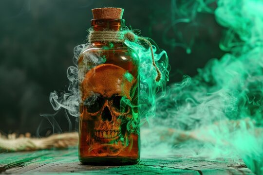 Bottle of poison with skull, green smoke on background