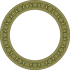 Vector round gold with green national Persian ornament. Circle, ring, frame, border, ethnic pattern of the peoples of Iran, Iraq, Tajikista