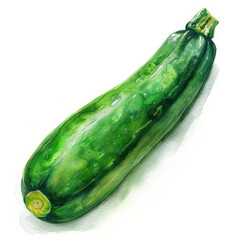 A watercolor painting of a fresh zucchini, showcasing its glossy green skin and unique shape, isolated on white background.