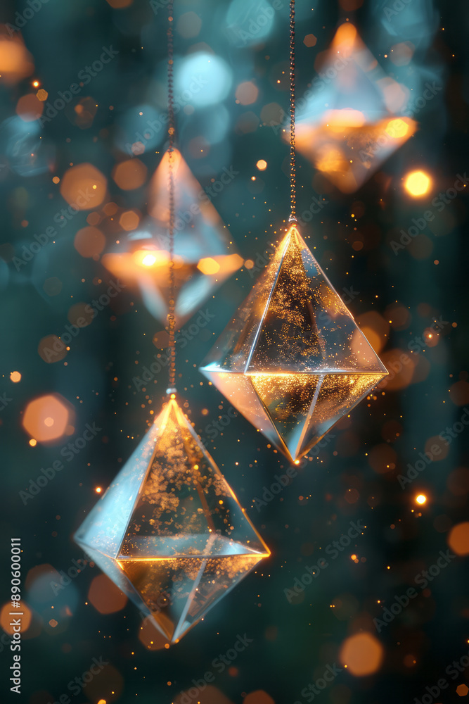 Poster minimalist abstract image of floating metallic triangles, on a dark backdrop,