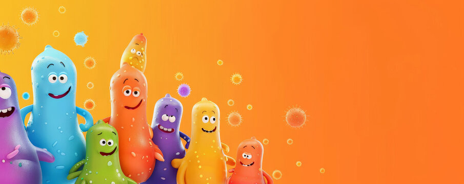 Animated bacteria characters with cute, smiling faces, gathered in a group on a bright orange background, emphasizing their friendly and endearing qualities.