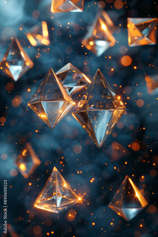 Poster minimalist abstract image of floating metallic triangles, on a dark backdrop,